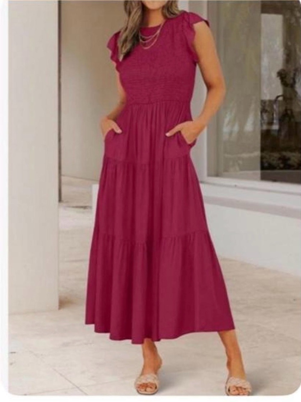 Women's Flutter Sleeve Maxi Dress in Berry